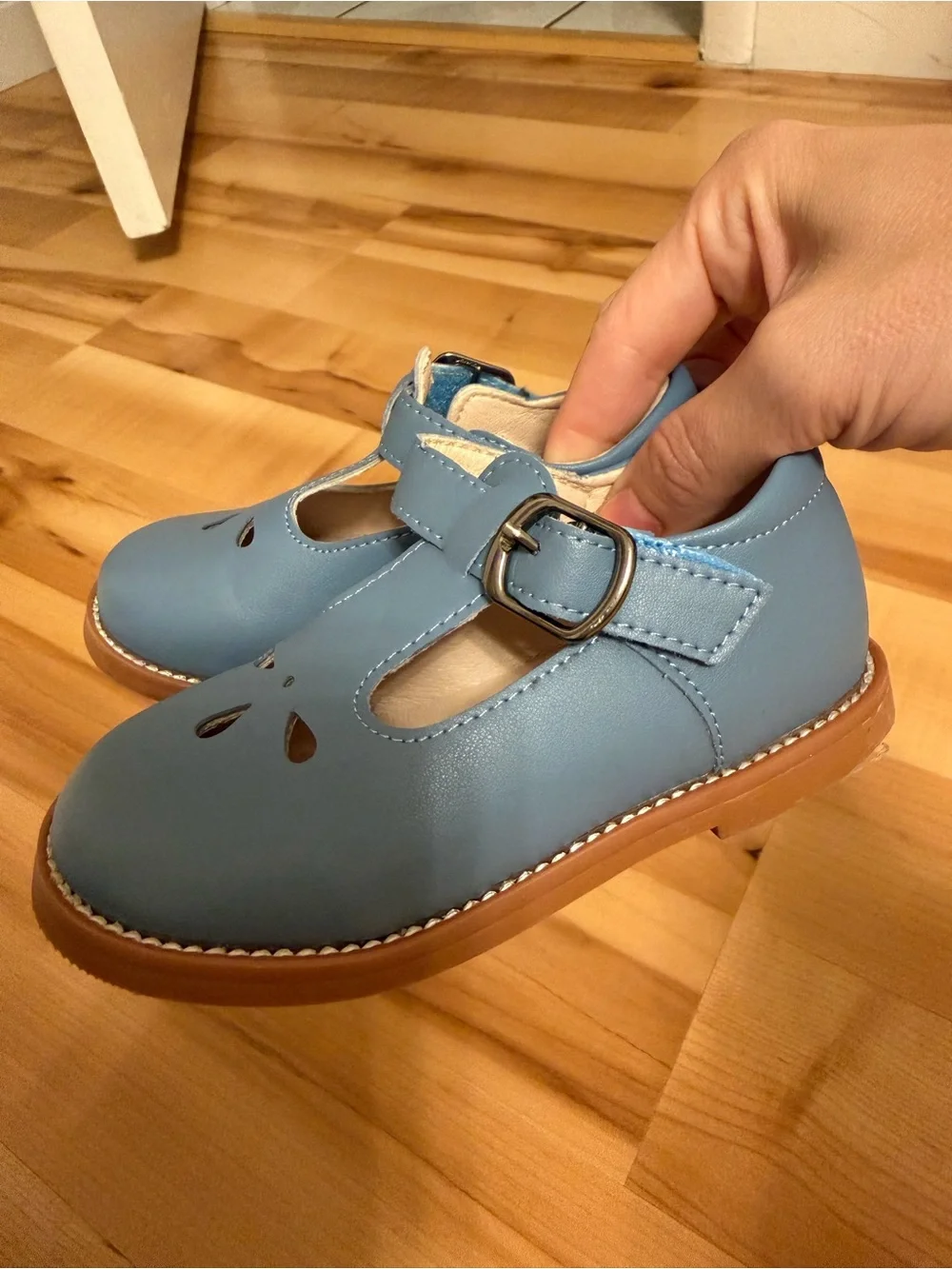 Girls Blue T-Strap Dress Shoes with Buckle